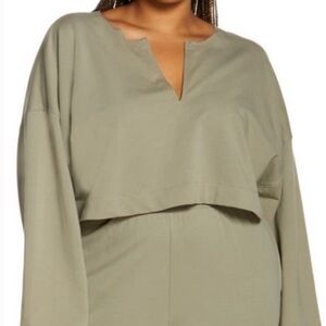 Open Edit Boxy Cropped Long Sleeve Split Neck Top in Khaki Green